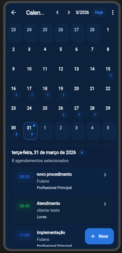 Agenda operacional do Horaflow em visualização mobile