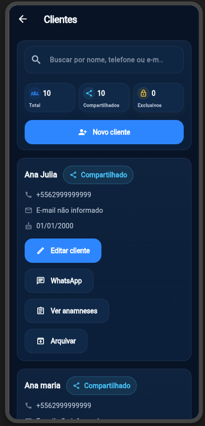 Tela mobile de clientes do Horaflow com busca e ações