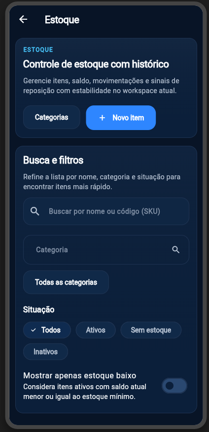Tela mobile de estoque do Horaflow com filtros e itens