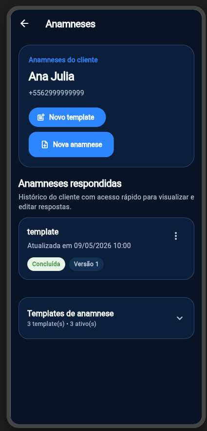 Tela de anamneses do cliente no Horaflow